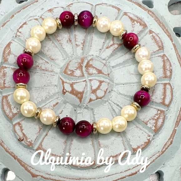 8mm faux Pearls and Agate beaded bracelet/colorful magenta handmade - Picture 1 of 7